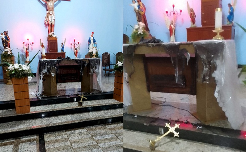 Homem ateia fogo em altar da igreja católica, e ameaça policiais com faca em Mucuri: Suspeito é baleado e socorrido ao HMTF